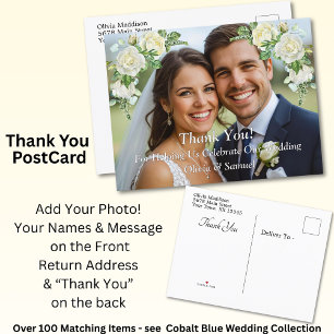 Carte Postale Faire-part Merci - Photo avec Roses Blanches