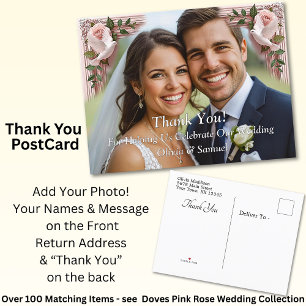 Carte Postale Faire-part Merci - Photo avec Roses Roses et Colombes Mariage