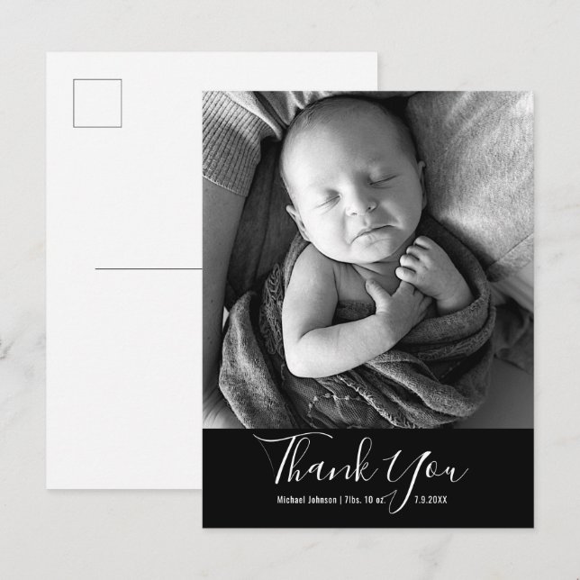 Carte Postale Faire-part Merci photo bébé simple Script de naissance (Devant / Derrière)