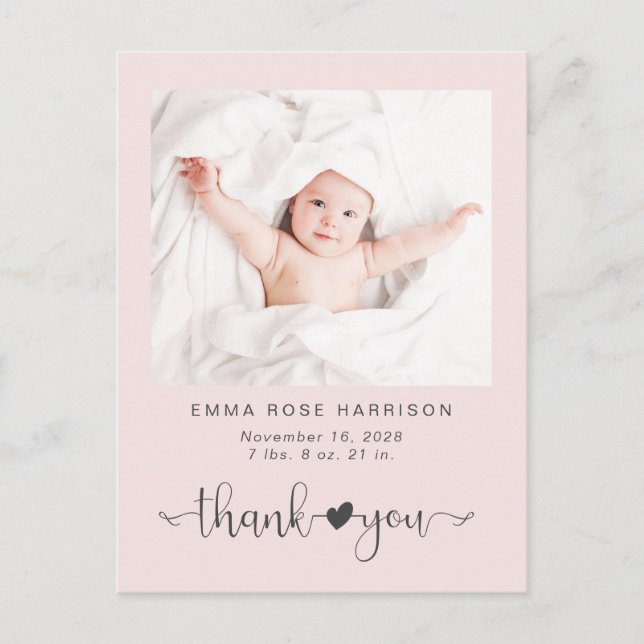 Carte Postale Faire-part Merci Photo Naissance d'une fille rose (Devant)