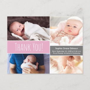 Carte Postale Faire-part Merci rose moderne bébé photo Collage