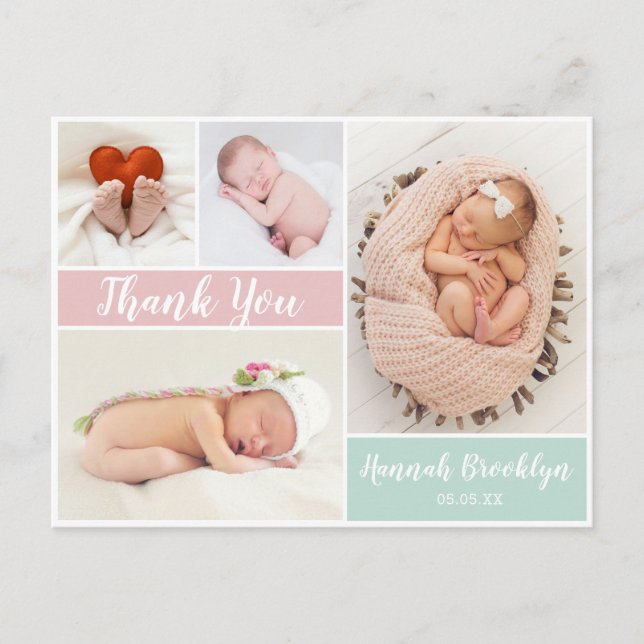 Carte Postale Faire-part Merci Script 4 Photo Collage Annonce de naissance (Devant)