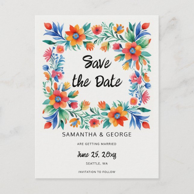 Carte Postale Faire-part Mexican Floral Fiesta Enregistrez La Date (Devant)