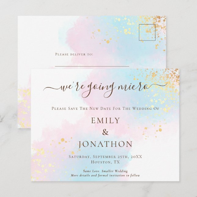 Carte Postale Faire-part Micro mariage bleu rose aquarelle Save The Date (Devant / Derrière)