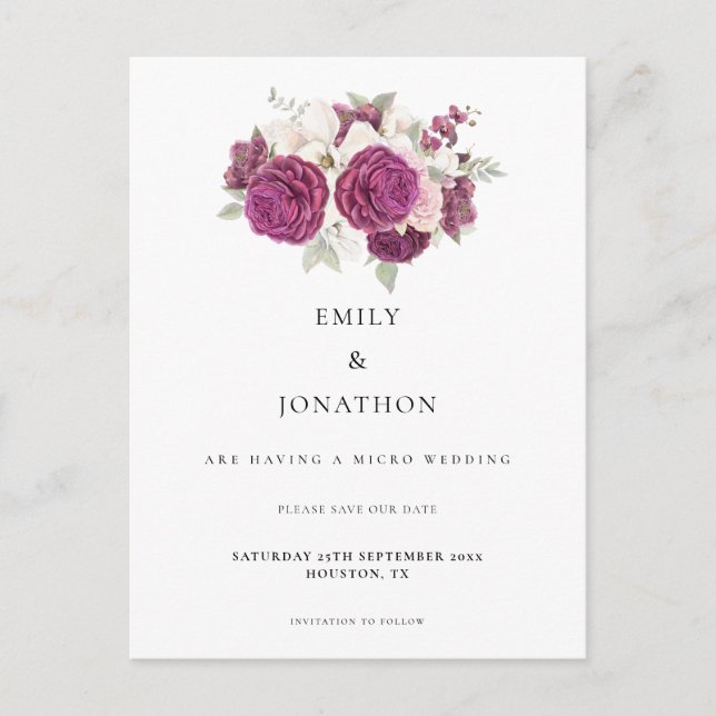 Carte Postale Faire-part Micro Mariage Bourgogne Floral Enregistrer La Date (Devant)
