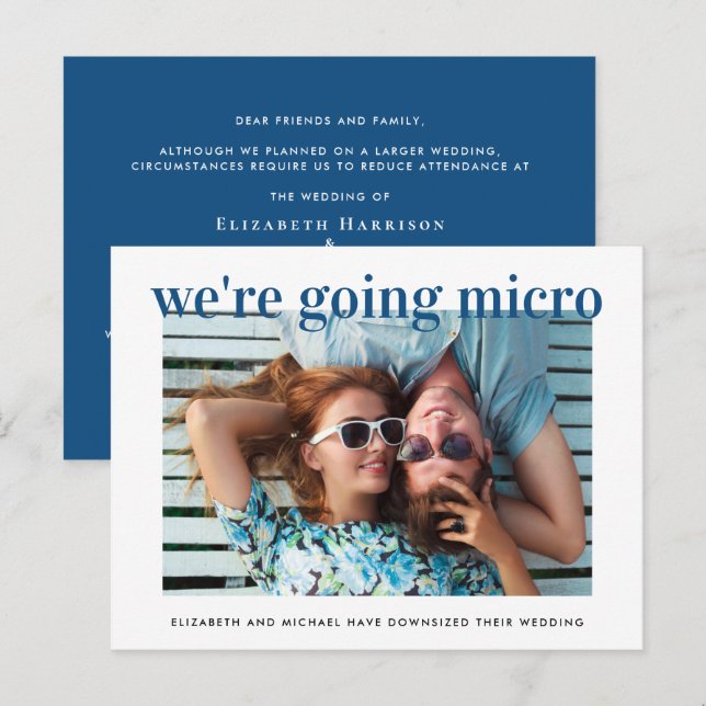 Carte Postale Faire-part Micro Mariage Réduit Photo Bleu (Devant / Derrière)