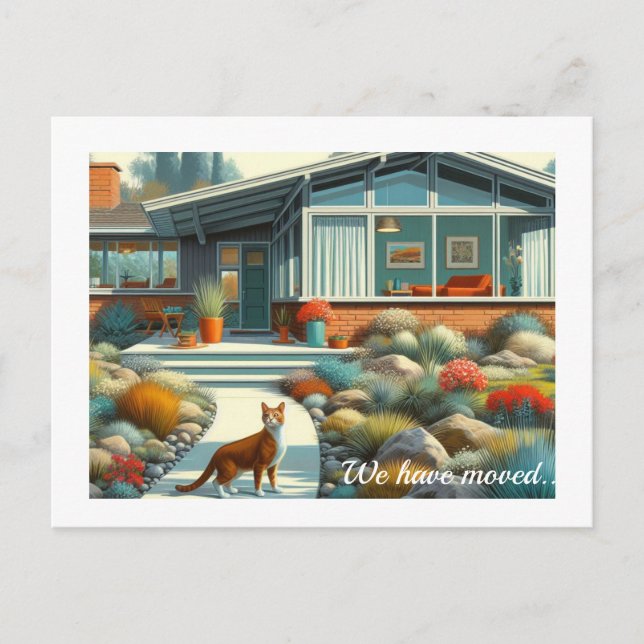 Carte Postale Faire-part Mid Century Maison moderne avec chat (Devant)