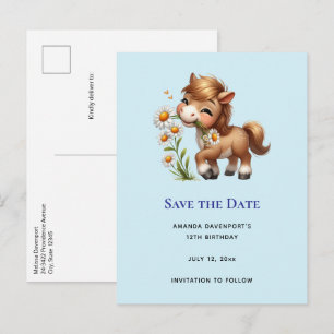 Carte Postale Faire-part Mignonne Pony Mange Manger Des Marguerites