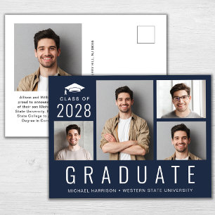 Carte Postale Faire-part Minimal moderne 5 photo Collage Bleu Graduation