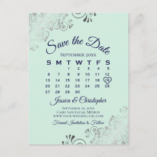 Carte Postale Faire-part Mint Green & Marine Wedding Enregistrer le calendr