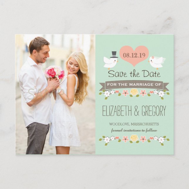 CARTE POSTALE FAIRE-PART MINT LOVE OISEAUX COLOMBE SAUVEGARDEZ LA DATE (Devant)