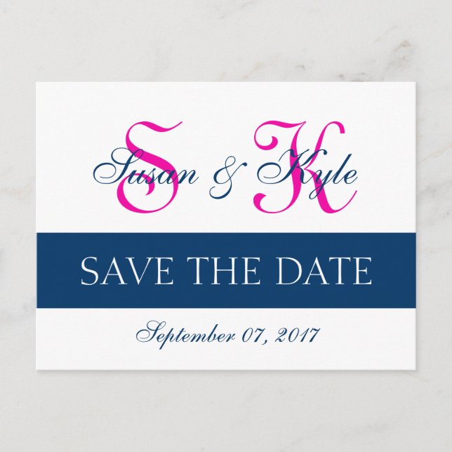 Carte Postale Faire-part Modern Save the Date Navy Blue, Fuchsia (F400A1) (Devant)