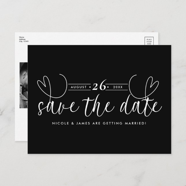 Carte Postale Faire-part Moderne cœur chic noir et blanc, save the date (Devant / Derrière)