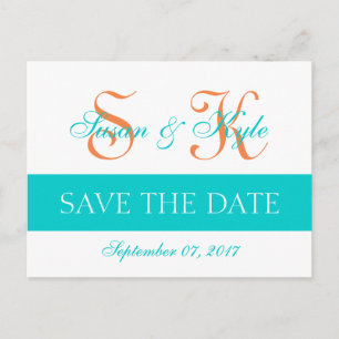 Carte Postale Faire-part Moderne Double Monogramme Teal Orange Enregistrer