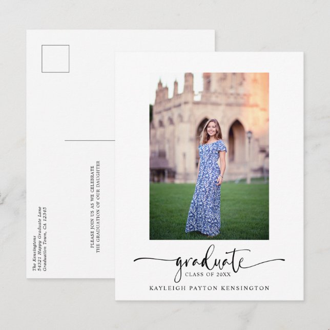 Carte Postale Faire-part moderne élégante de graduation de scrip (Devant / Derrière)