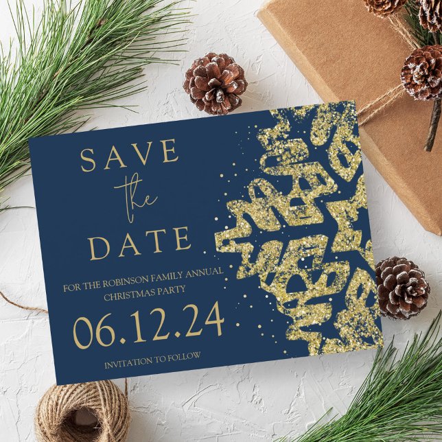Carte Postale Faire-part Moderne Noël Enregistrer La Date Or Pailletté Navy (Modern Christmas Save The Date Gold Glitter Navy Announcement Postcard)