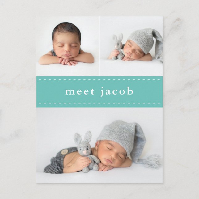 Carte Postale Faire-part Moderne Simple Chic Cute Stitch Photo Bébé Naissan (Devant)