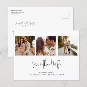 Carte Postale Faire-part Moderne Simple Noir Blanc Script 3 Photo Mariage S