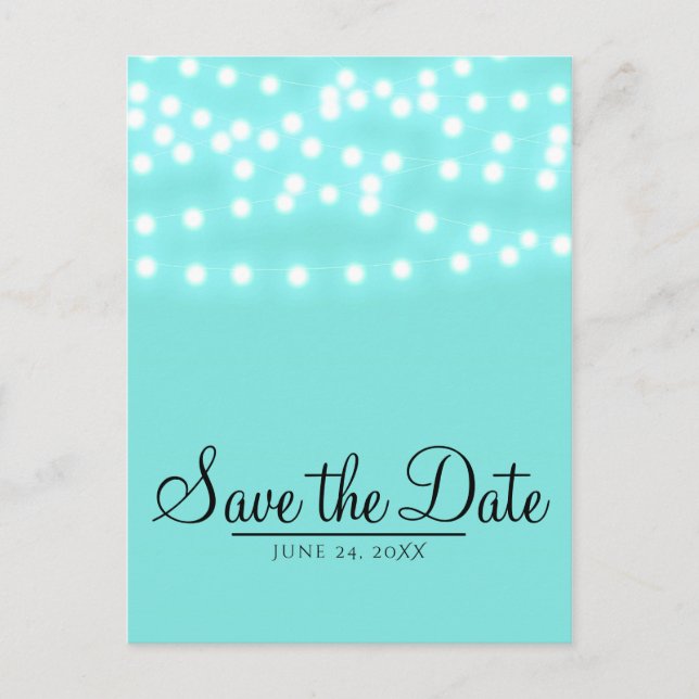Carte Postale Faire-part Moderne Turquoise Blue String Lights Enregistrer l (Devant)