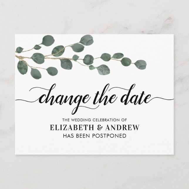 Carte Postale Faire-part Modifier la date moderne Script vert Eucalyptus (Devant)