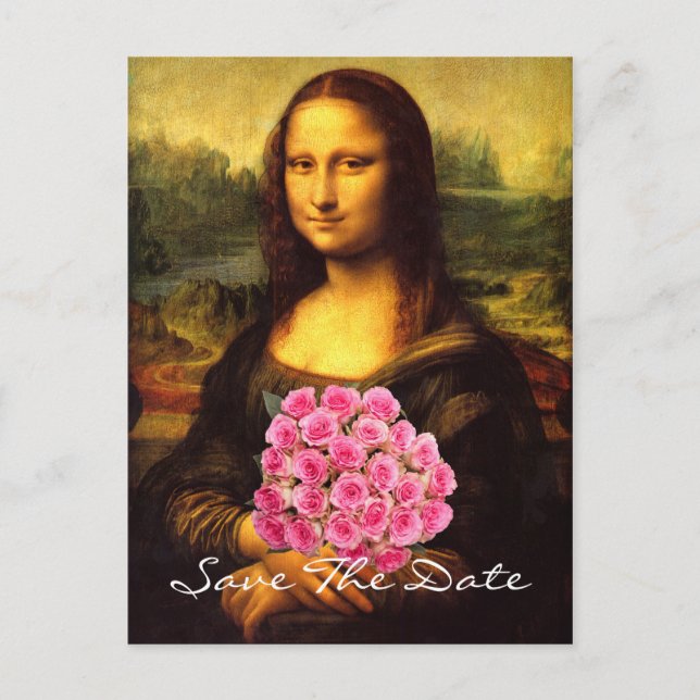 Carte Postale Faire-part Mona Lisa avec bouquet de roses roses (Devant)
