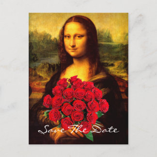 Carte Postale Faire-part Mona Lisa avec bouquet de roses rouges