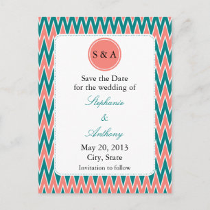 Carte Postale Faire-part Monogramme Coral rose et Zigzag Turquoise Enregist