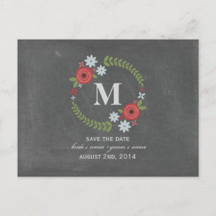 Carte Postale Faire-part Monogramme Couronne Florale Inspiré de Craie Enreg