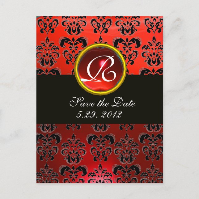 Carte Postale Faire-part Monogramme DAMASK ROUGE RUBIS NOIR BLANC (Devant)