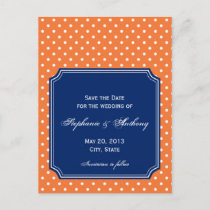 Carte Postale Faire-part Monogramme Orange, Point Blanc avec Bleu Royal