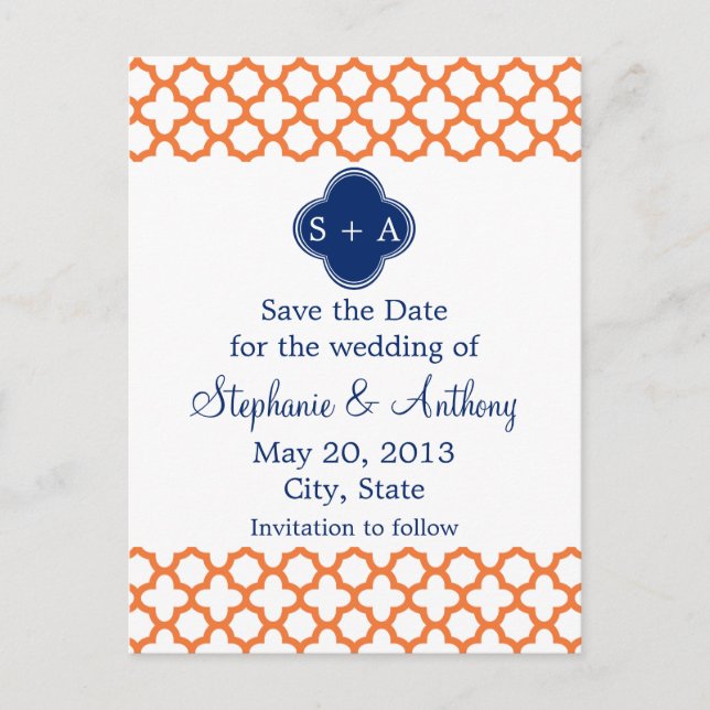 Carte Postale Faire-part Monogrammé Orange, Quatrefeuilles Bleu Royal (Devant)