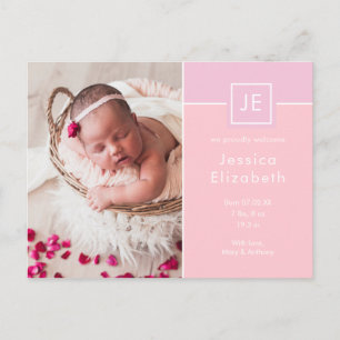 Carte Postale Faire-part Monogramme Photos Bébé Élégant rose Naissance mode