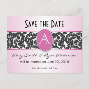 Carte Postale Faire-part Monogramme rose et noir vintage enregistrer la dat