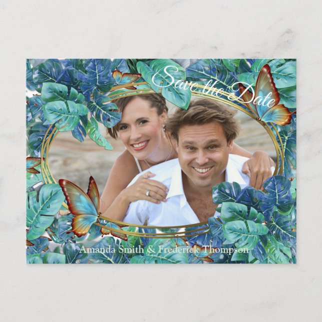 Carte Postale Faire-part Monstera bleu turquoise Feuilles et papillons (Devant)