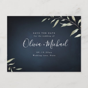 Carte Postale Faire-part Moody navy, une végétation minimale sauve la date