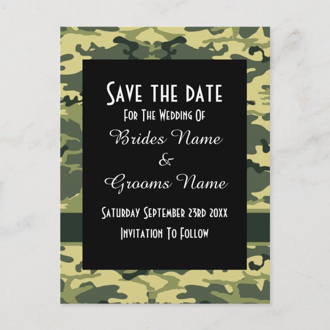 Carte Postale Faire-part Motif de camouflage vert enregistrer la date (Devant)