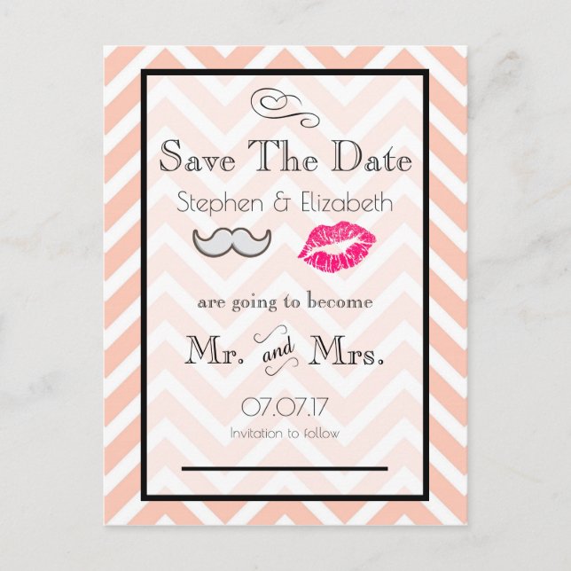 Carte Postale Faire-part Moustache et Lèvres Péché Chevron Save the Date (Devant)