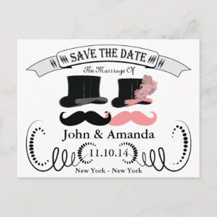 Carte Postale Faire-part Moustache noire et rose vintage