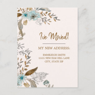 Carte Postale Faire-part Moving Blue Brown Floral Feuilles
