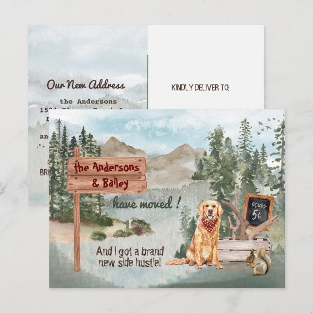Carte Postale Faire-part Moving Golden Retriever Dog Woods Nouvelle adresse (Devant / Derrière)