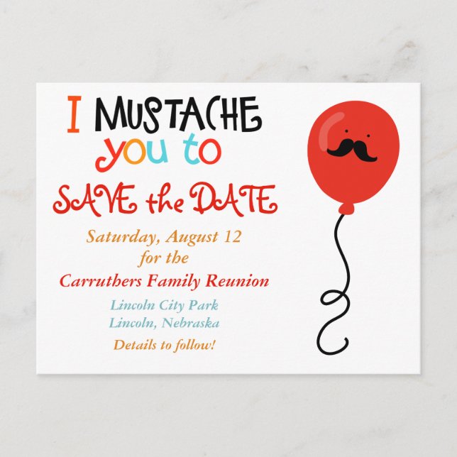 Carte Postale Faire-part Mustache Balloon Famille Réunion Enregistrer la da (Devant)