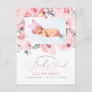 Carte Postale Faire part naissance fille pivoines aquarelle rose