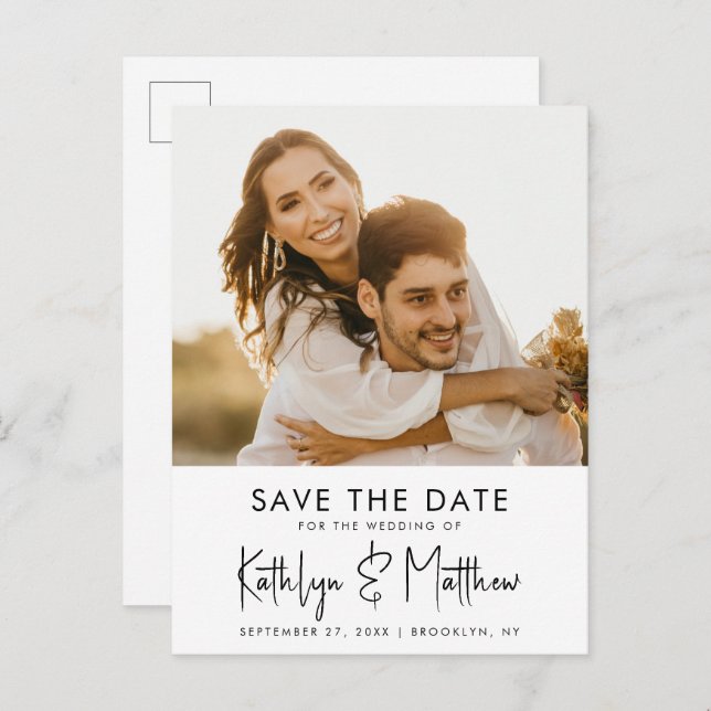 Carte Postale Faire-part Natural White Fun Script Modern Photo Mariage Enre (Devant / Derrière)