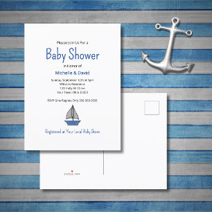 Carte Postale Faire-part Nautical Blue Sailboat Cute Boy Baby shower
