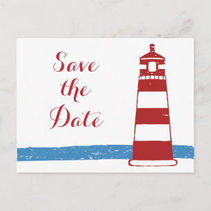 Carte Postale Faire-part Nautique Sauvegarder La Date Phare Rouge Bleu Mari