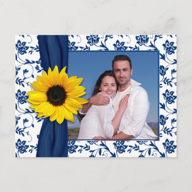 Carte Postale Faire-part Navy Bleu Jaune Damas Tournesol Enregistrer la dat (Devant)