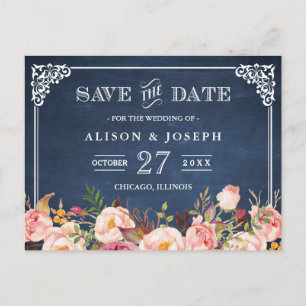 Carte Postale Faire-part Navy Blue Chalkboard Floral Wedding Enregistrer la