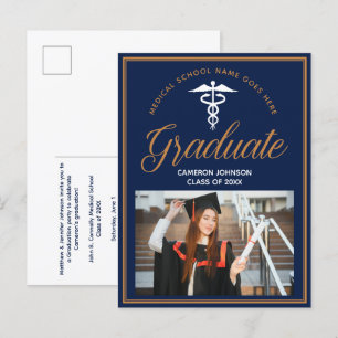 Carte Postale Faire-part Navy Blue Médicale School Photo Graduation Party