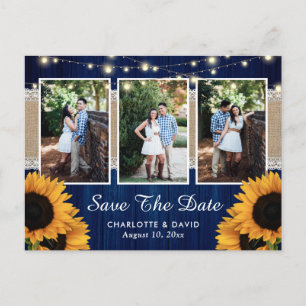 Carte Postale Faire-part Navy Blue Sunflower Enregistrer la date Photo Cart