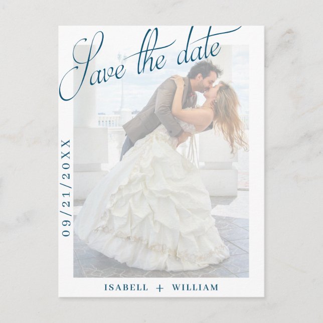 Carte Postale Faire-part  Navy Blue Vellum Photo Wedding Enregistrer La Dat (Devant)